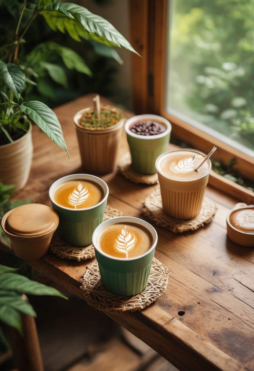 A serene café scene featuring a diverse group of friends enjoying eco-friendly drinks in reusable cups, surrounded by lush greenery. Sunlight filters through trees, highlighting organic coffee beans and vibrant plant-based teas on a rustic wooden table. Include subtle elements like hemp straws and bamboo coasters to emphasize sustainability. Illustrate a warm, inviting atmosphere with a touch of whimsy. super-realistic. vibrant colors. airy background.