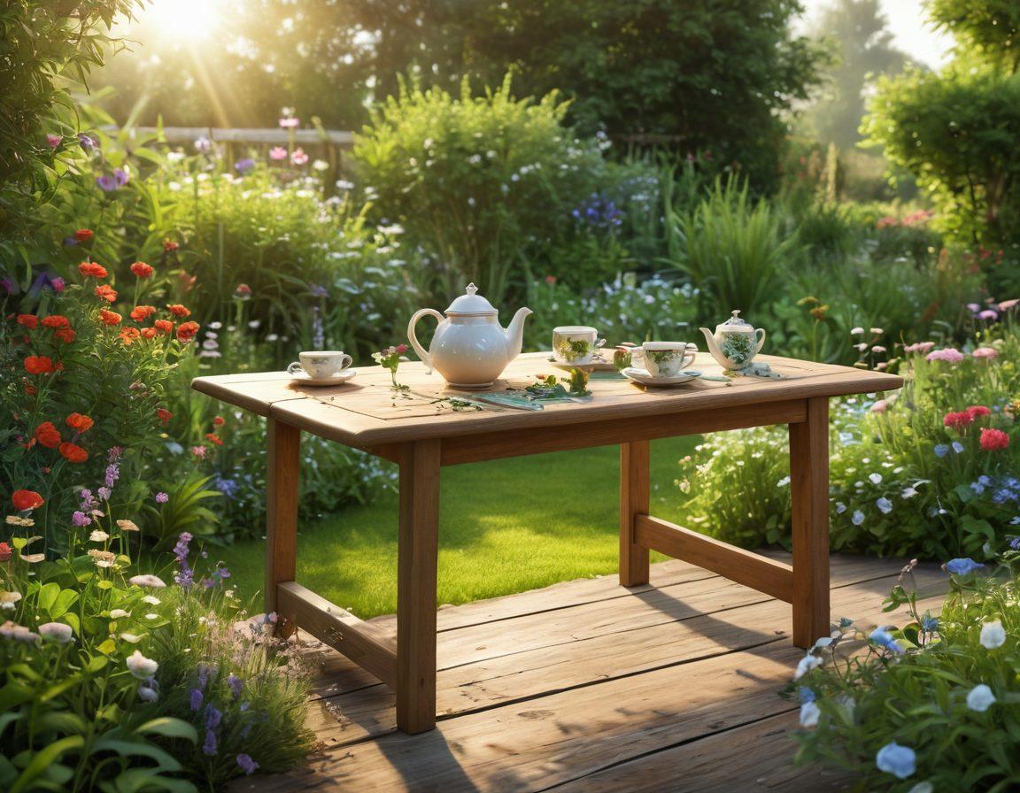 A serene landscape featuring an inviting wooden table set in a lush green garden, surrounded by vibrant herbs and organic plants. A steaming cup of herbal tea sits on the table with delicate flowers scattered around. In the background, a soft sunlight filters through leaves, creating a tranquil ambiance. Enhance the scene with subtle butterflies fluttering nearby. super-realistic. vibrant colors. warm lighting.