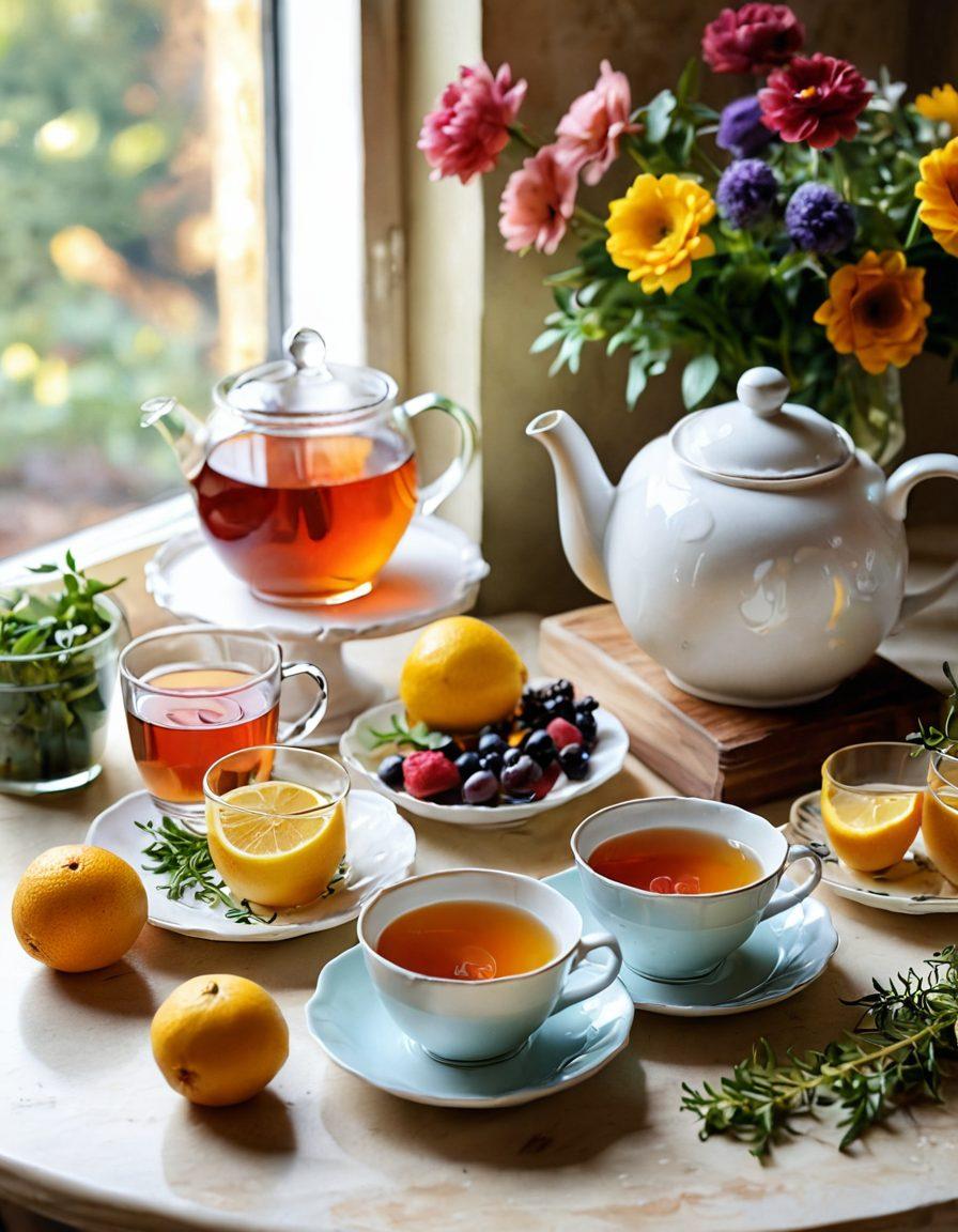 A cozy tea scene featuring a variety of premium teabags, beautifully arranged with colorful infusions in elegant teacups. There are fresh herbs and fruits around the teacups, exuding inviting aromas, while soft, warm lighting creates a serene atmosphere. A teapot and a delightful cake sit in the background, adding to the mood of indulgence and relaxation. watercolor style. warm colors. natural setting.